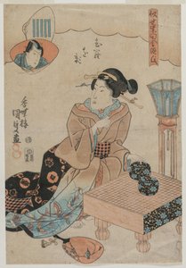 Kobieta przygotowuje się do gry Go. autorstwa Utagawa Kunisada
