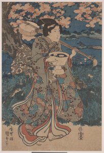 Idąc na Wiśnię Wiśniową (kolorowy drzeworyt) autorstwa Utagawa Kunisada III