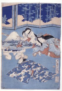 Dando as boas-vindas à primavera com uma colheita de flores (Hana Soroi Haru No Taimen) (impressão em xilogravura colorida)polonês autorstwa Utagawa Kunisada II