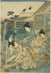 Wielki dobrobyt na farmie jedwabiu (Kaikoya Daihanjono Zu) autorstwa Utagawa Kunisato