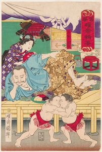 Walka dwojga dzieci sumo przed Tachibana Muneshige (1567-1642). Rycina Kuniteru, Utagawa (1808-1876)