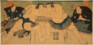 Walczą zapaśnicy sumo, Tagasugo kontra Ayusegawa. Nadruk Utagawy Kuniteru (1808-1876)