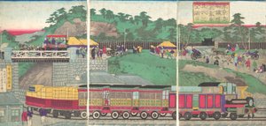 Ilustracja przedstawiająca lokomotywę parową jadącą koleją Takanawa w Tokio Tokyo ta..., ca. 1873.
