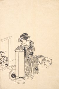 Młoda kobieta pochyla się nad wysoką lampą. autorstwa Utagawa Kuniyasu