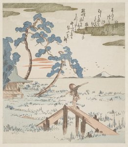 Rolnik przechodzący przez kładkę autorstwa Utagawa Kuniyoshi