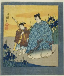 Aktor Ichikawa Danjuro VIII jako Narihira w Yatsuhashi z filmu "Sześciokrotny ekran słynnych obrazów (Meiga rokushi byobu)". autorstwa Utagawa Kuniyoshi
