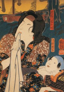 Aktor w zamyślonej pozie obok dziecka, Utagawa Kuniyoshi, drzeworyt autorstwa Utagawa Kuniyoshi