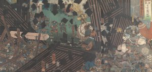 Album piętnastu tryptyków słynnych scen bitewnych, XIX wiek. autorstwa Utagawa Kuniyoshi