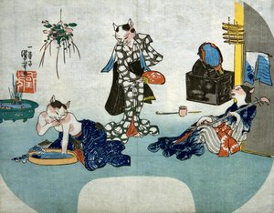 Koty antropomorficzne odpoczywają latem, ok. 1842 r. autorstwa Utagawa Kuniyoshi