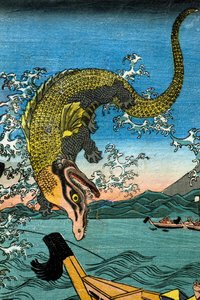 Walka Asahiny Yoshihide z dwoma krokodylami w morzu przy Kamakura Kotsubo autorstwa Utagawa Kuniyoshi