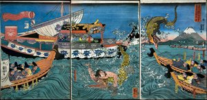 Walka Asahiny Yoshihide z dwoma krokodylami w morzu przy Kamakura Kotsubo autorstwa Utagawa Kuniyoshi