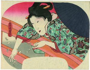 Piękność wrzuca do rzeki Sumida karteczki modlitewne dla bodhisattwy Jizō, aby uspokoić duchy utopionych autorstwa Utagawa Kuniyoshi