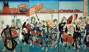 Dzielny Kuniyoshi ze swoim Paulownia Design (Isamashiki Kuniyoshi kiri no tsuimoyō) 1848 autorstwa Utagawa Kuniyoshi