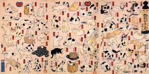 Koty. Z serii Pięćdziesiąt trzy stacje tryptyku Tokaido, ok. 1848 autorstwa Utagawa Kuniyoshi
