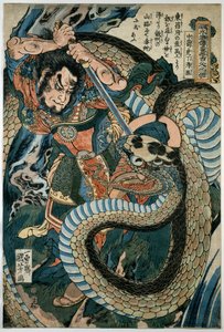 Chūsenko Teitokuson (Ding Desun) attacked by a snake on a mountain path autorstwa Utagawa Kuniyoshi