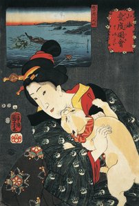 Zbliżenie młodej kobiety z kotem w ramionach autorstwa Utagawa Kuniyoshi