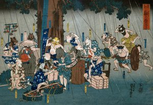 Comic Animals Taking Shelter from Rain (Dōke kemono no amayadori), c.1842 autorstwa Utagawa Kuniyoshi