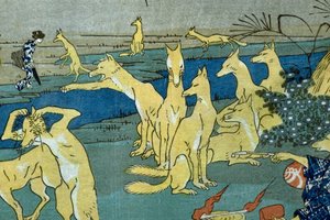 Komiksowe lisy ćwiczące zmianę kształtu (Dōke kitsume henge no keiko), ok. 1842 autorstwa Utagawa Kuniyoshi