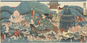 Smoczy Bóg nagradza Hidesato trzema prezentami, kwiecień 1858 r. autorstwa Utagawa Kuniyoshi
