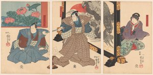 Trzech aktorów przy składanym ekranie autorstwa Utagawa Kuniyoshi