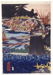 Nadany tytuł: Inwazja mongolska na Japonię (kolorowy drzeworyt) autorstwa Utagawa Kuniyoshi
