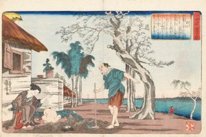 Kakkyo i jego żona wykopali garnek złota w wykopanym przez siebie dole, aby pochować małego synka, podpisali Ichiyusai Kuniyoshi ga, ok. 1843 r. (kolorowy drzeworyt) autorstwa Utagawa Kuniyoshi