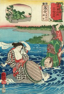 Kume Sennin wpada do rzeki na widok kobiety z nagimi piersiami przykucniętej na skale, Stacja 45, wyd. Hayashi Shoehi (kolorowy drzeworyt) autorstwa Utagawa Kuniyoshi