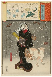 „Dama wieczornych twarzy” (Yūgao): Orie, żona Yazamy (Yazama-shi no shitsu Orie), z serii Sceny pośród chmur Genji zestawione z obrazami ukiyo-e (Genji-gumo ukiyo e-awase) autorstwa Utagawa Kuniyoshi