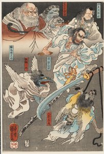 Minamoto Yoshitsune walczy z Benkei na moście Gojō z pomocą demonów tengu autorstwa Utagawa Kuniyoshi