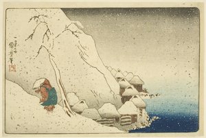 Nichiren in the Snow at Tsukahara on Sado Island (Sash? Tsukahara setch?) (colour woodblock print) autorstwa Utagawa Kuniyoshi