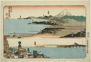 Nihonbashi, Shinagawa, Kawasaki i Kanagawa z serii „Słynne miejsca na pięćdziesięciu trzech stacjach Tokaido, cztery stacje (Tokaido gojusan eki yonshuku meisho)” autorstwa Utagawa Kuniyoshi