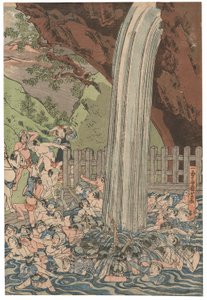 Pielgrzymi w Roben Waterfall w Oyama, podpisane Ichiyusai Kuniyoshi, wydane przez Azumaya Daisuke, pieczęć kiwame, tryptyk Oban tate-e (kolorowy drzeworyt) autorstwa Utagawa Kuniyoshi
