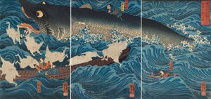 Postać, która ratuje Tametomo przez członków Sanuki, 1851. autorstwa Utagawa Kuniyoshi