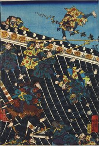 Arkusz z kolorowego tryptyku drzeworytowego, zatytułowanego Hōryukaku shō no zu, przedstawiającego scenę z Hakkenden z Takizawa Bakin przedstawiającą walkę na dachu świątyni pomiędzy Inuzuka Shino (po prawej), a policją pod dowództwem Inukai Kempachi, zaad autorstwa Utagawa Kuniyoshi