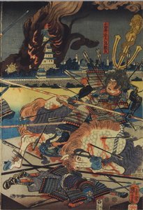 Arkusz z kolorowego tryptyku drzeworytowego, zatytułowanego Shinshū Odai kassen no zu (Bitwa pod Odai w prowincji Shinano), przedstawiającego Odai Akarokurō Yorisadę przebijającego trzech mężczyzn, podczas gdy jego zamek płonie w tle: Japonia, Edo, autorst autorstwa Utagawa Kuniyoshi