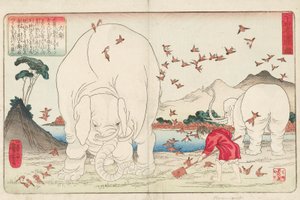 Taishun spulchniający pole przy pomocy słoni i stada wróbli, sygnowany Ichiyusai Kuniyoshi ga, ok. 1843 (kolorowy drzeworyt) autorstwa Utagawa Kuniyoshi