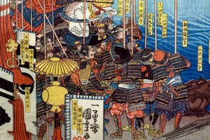 Takeda Shingen niszczy siły Suwa Yorishige (Takeda Shingen Suwa Yorishige no jinchū o uchi-kuzusu zu), c.1850-51 autorstwa Utagawa Kuniyoshi
