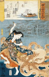Tamatori (nurka ama), atakowana przez ośmiornicę podczas chwytania świętego klejnotu autorstwa Utagawa Kuniyoshi