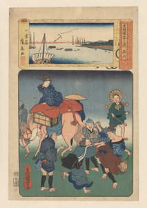 Stacja Shinagawa (tytuł na obiekcie) Pięćdziesiąt trzy stacje drogi Tokaido (tytuł serii na obiekcie) autorstwa Utagawa Kuniyoshi
