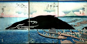 Tłum ludzi wokół schwytanego wieloryba autorstwa Utagawa Kuniyoshi