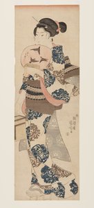 Kobieta z wachlarzem i klatką na owady (kolorowy drzeworyt) autorstwa Utagawa Kuniyoshi