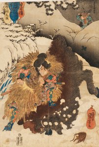 Drzeworyt - Chinzei Hachiro Tametomo obalający dzika w ośnieżonych górach Mashik autorstwa Utagawa Kuniyoshi