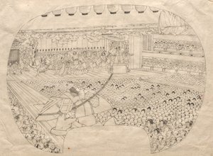 Projekt nadruku w kształcie wachlarza Teatru Kabuki autorstwa Utagawa Sadahide