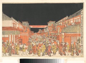 Drzeworyt perspektywiczny (Uki-e) przedstawiający teatry w Sakaichō i Fukiyachō w noc otwarcia autorstwa Utagawa Toyoharu
