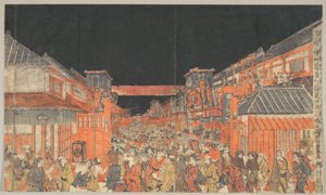 Przedstawienie teatralne Kaomise w Sakaichō i Fukiyachō autorstwa Utagawa Toyoharu