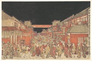 Widok przedstawienia kaomise w teatrze Yoshibai w Sakaichō Fukiyachō autorstwa Utagawa Toyoharu