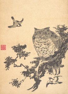 Sowa i dwie jaskółki. autorstwa Utagawa Toyohiro