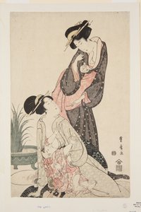 Dwie kobiety ze złotą rybką i karmiącym dzieckiem (kolorowy drzeworyt) autorstwa Utagawa Toyohiro