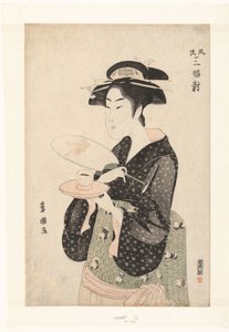 Portret kelnerki Okity. Tryptyk eleganckich piękności Furyu sampukutsui (tytuł na obiekcie) autorstwa Utagawa Toyokuni (I)