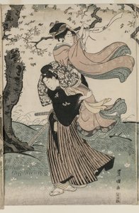 Kwiaty wiśni na wietrze autorstwa Utagawa Toyokuni